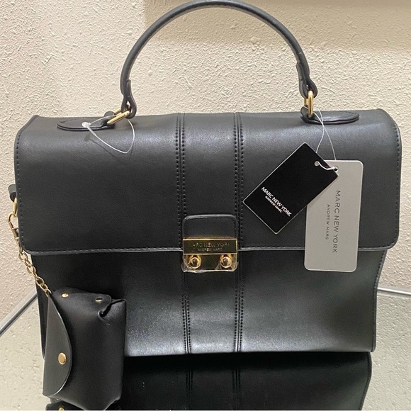 NWT MARC NEW YORK ANDREW MARC BRIEFCASE BAG IN BLACK & GOLD HARDWARE - Picture 1 of 9